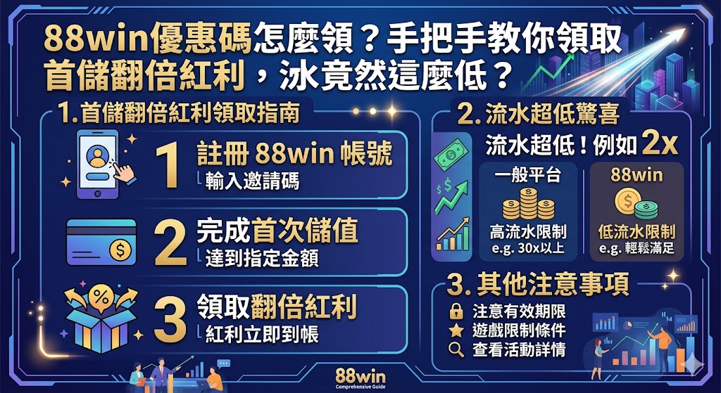 88win優惠碼怎麼領？手把手教你領取首儲翻倍紅利，流水竟然這麼低？
